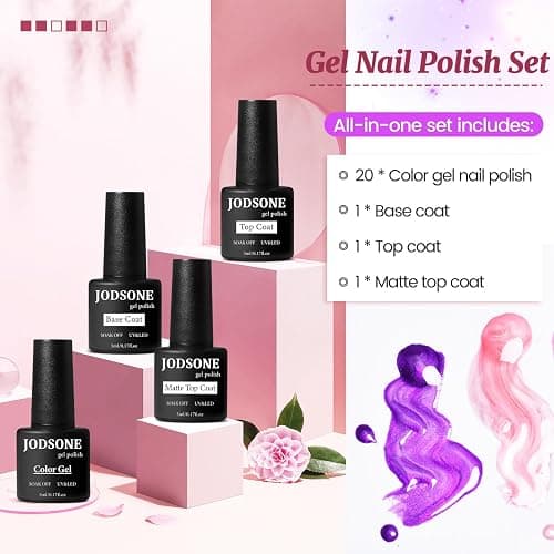 JODSONE 20 Glitter Color Gel Nail Polish Kit 3 Bottles of No Wipe Base Coat Glossy and Matte Top Coat Gel Polish Set High Shine Gorgeous thumbnail 7