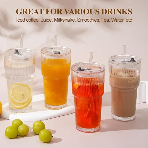 LUXULISH 20Oz Ribbed Glass Tumblers with Lids and Straws, Vintage Glass Cups Thickened Drinking Glasses Set of 4, Ideal for Iced Coffee, Smoothies, Cocktails, Matcha and Juices thumbnail 5
