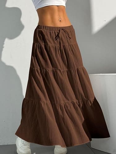 DERAX Women's Boho Flowy White Maxi Skirt Flared Ruffle Elastic Waist Summer A Line Long Skirts thumbnail 5