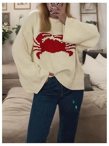 Verdusa Women's Crab Print Oversized Sweaters Y2K Drop Shoulder Pullover Knit Tops thumbnail 4
