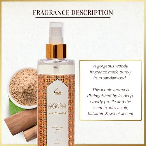 Sandalwood Room & Linen Spray by Dukhni | 250ml Sandalwood fragrance Air Freshener, Attar al Faraash for home & prayer mats | Bed linen, Sofa Mist, natural home scent, curtain spray, odour eliminator thumbnail 3