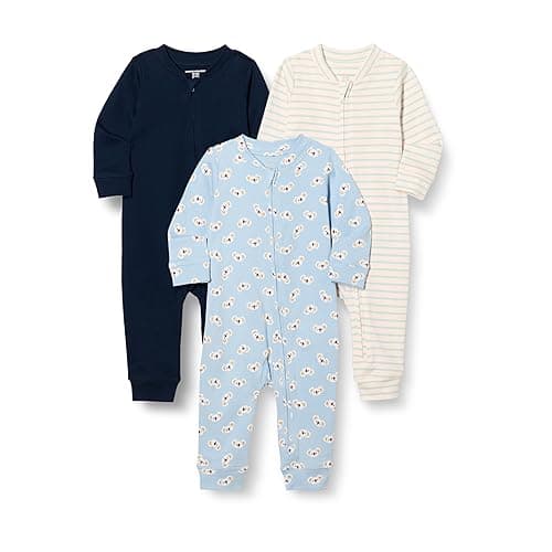 Amazon Essentials Unisex Babies' Cotton Zip-Front Footless Sleepsuit, Pack of 3 - 3-6 Months - Navy/Stripe/Koala