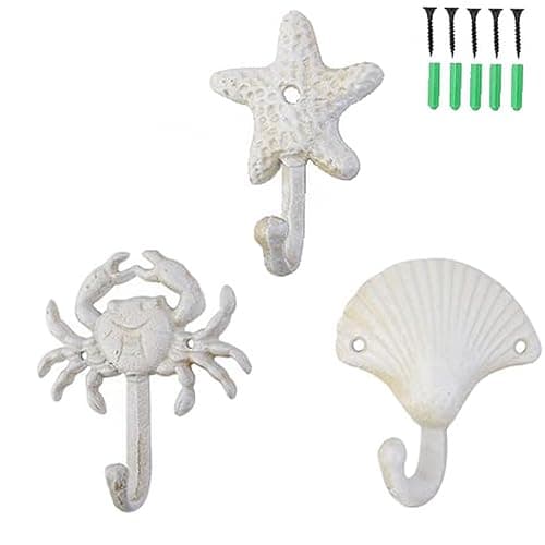 Cast Iron Wall Hooks Set of 3, Coastal Beach Towel Hooks for Bathroom | Durable cast iron wall hooks with coastal design for hanging towels, coats, and hats, adding seaside style to your home. - Image 1