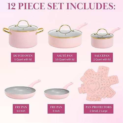 Paris Hilton Epic Nonstick Pots and Pans Set, Multi-layer Nonstick Coating, Tempered Glass Lids, Soft Touch, Stay Cool Handles, Made without PFOA, Dishwasher Safe Cookware Set, 12-Piece, Pink thumbnail 4