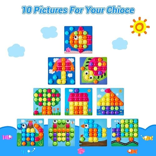 Geekper 68PCS Button Art Toys for Toddlers Color Matching Mosaic Pegboard, Early Learning Educational Toys for 3, 4, 5, 6 Year Old Kids Boys and Girls Easter Gifts, 10 Pictures and 58 Buttons thumbnail 3