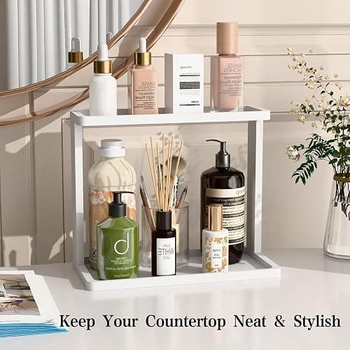 PEKER Bamboo Bathroom Organizer Countertop – Small Vanity Storage Shelf for Makeup, Perfume, Skincare – Natural Cosmetics Display Rack for Dresser, Sink, Kitchen –White thumbnail 2