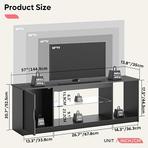 Bestier 145 CM LED TV Stand for 55/60 / 65 Inch TVs Gaming Entertainment Center with Cabinet for PS5 Modern TV Cabinet with Adjustable Glass Shelves for Living Room Bedroom - 145CM - Black Carbon Fiber thumbnail 2