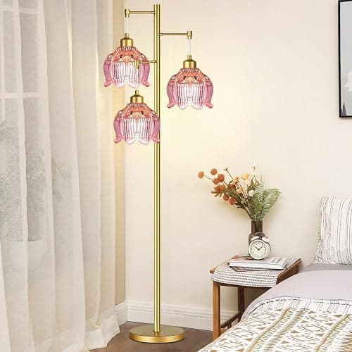 ILLMTW Glass Floor Lamp for Living Room,Bedroom,Gold Flower Mid Century Modern Standing Lamp Brass Tree 3 Light Tall Floor Lamps Vintage Floor Lights Pink Lamp Shade Farmhouse Boho Bohemian thumbnail 6