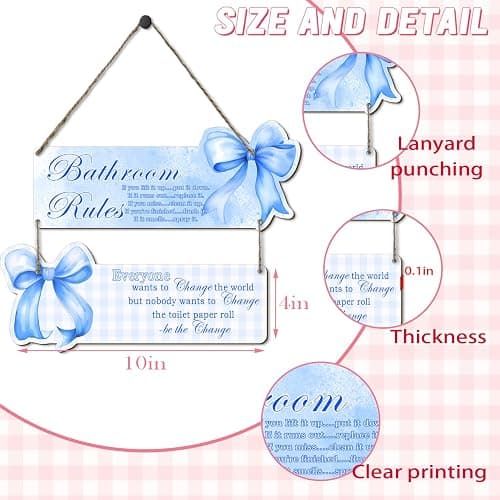 MUZRUYOU Blue Bathroom Signs, Blue Bow Wooden Bathroom Wall Hanging, Fun Rustic Decor for Girls' Rooms, Teen Bedroom Decor, Gifts for Daughters and Besties thumbnail 3