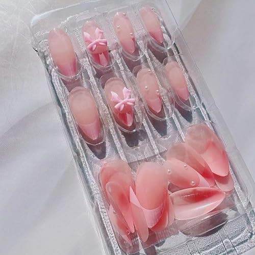 24Pcs French Press on Nails Almond Fake Nails with Bow Pearl Design Pink French Tip False Nails Cute Pink Press on Nail Tips Glossy Artificial Nails Acrylic Stick on Nail for Women Manicure thumbnail 7