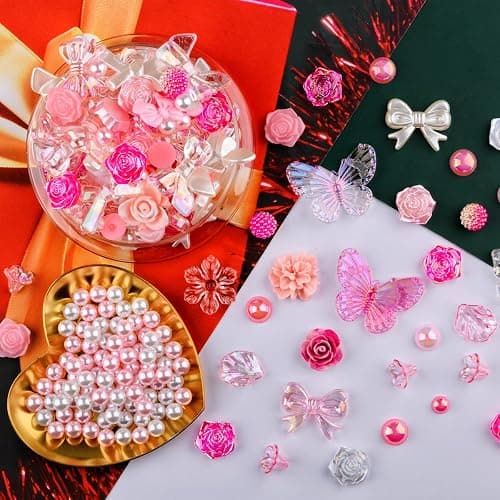 Kikonoke 350 Pieces 3D Resin ABS Colorful Rose Flower Bows Butterfly Charms with Flatback Half Round Pearl Beads for Bracelet Earring Necklace Craft DIY Making Supplies thumbnail 7