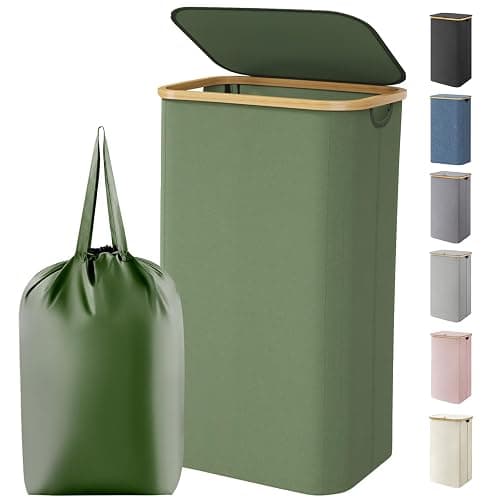 Lifewit 100L Laundry Basket with Lid, Clothes Hampers for Laundry with Bamboo Handles and 1 Removable Bag, Large Foldable Laundry Hamper for Bedroom, Bathroom, Dorm, Laundry Room, Green - Image 1
