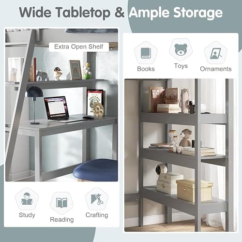 (PURCHASED) KOTEK Twin Loft Bed with Desk & Storage Shelves, Solid Wood Loft Bed Frame with Bookcase, Ladder, Guardrails, Twin Size Loft Bed for Kids, Teens, Drom, Apartment (Grey) thumbnail 6