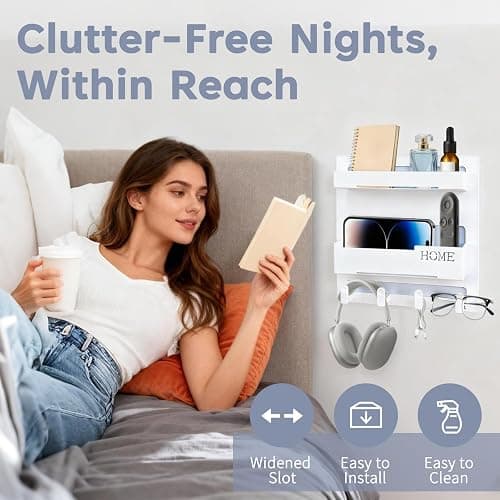 KEYCHAD Bedside Shelf for Dorm Bed & Small Spaces - No Drill Floating Wall Organizer, Wall Mounted Bed Shelf Storage, Dorm Room Essentials for Girls, Cute Storage Decor for Bunk Bed, Small Room thumbnail 2