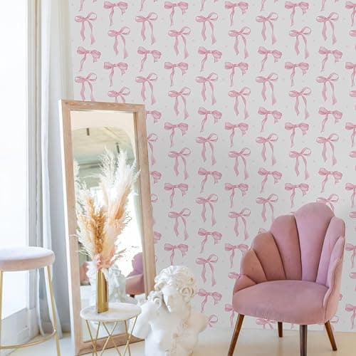 MotiMind Pink Bow Wallpaper 15.75 x 197 Inch Cute Pink Girly Wallpaper Coquette Trendy Preppy Peel and Stick Wall Paper Aesthetic Adhesive Removable Elegant Room Decor for Bedroom Room Cabinets thumbnail 2