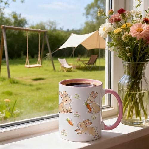 VACNKOCY 11oz Cute Bunny Ceramic Coffee Mug with Pink Handle & Interior – Adorable Rabbit & Carrot Floral Design Tea Cup – Aesthetic Gift Mug for Home, Office, Easter & Spring Décor thumbnail 7