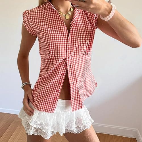 Womens Button Up Shirt Short Sleeve Y2k Cute Slim Fit Going Out Summer Lapel Shirts Blouse Aesthetic Crop Tops thumbnail 2