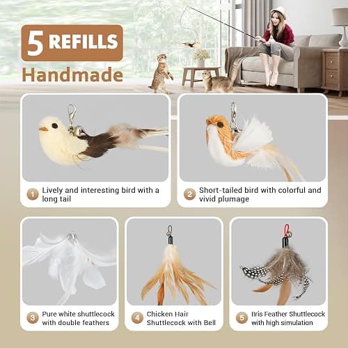 ROSAUI Cat Teaser Wand Toys, Interactive Bird Toys for Indoor Kittens, 42.15’’ Long Cat Fishing Pole Toys, 2Pcs Wires and 5Pcs Natural Refills, Sustainable Wooden Handles, Exercising, Playing thumbnail 5