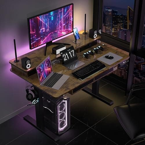 ExaDesk 48 * 30 Inches Electric Standing Widened Desk Adjustable Height with 4 Drawers, Double Storage Shelves Stand Up Desk, Home Office Workstation Sit Stand up Desk (Rustic Brown) - Rustic Brown - 48*30 inch thumbnail 9