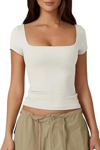 QINSEN Women's Square Neck Short Sleeve Double-Layer Tops Basic Slim Fit Going Out T Shirt - Image 1