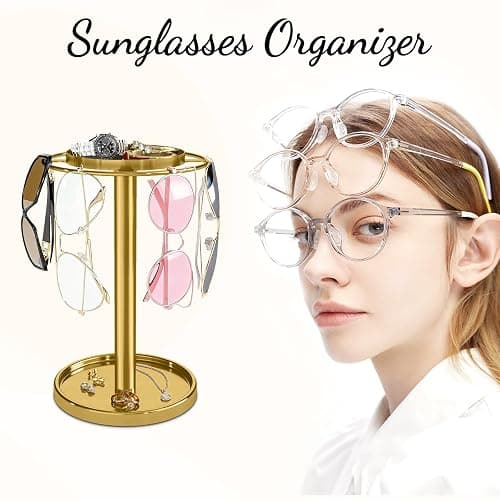 LSK 360° Rotating Sunglass Organizer, Glasses Stand with Storage Tray, Gold Stainless Steel Glasses Holder with Non-Slip Pad for Dresser, Nightstand & Home Decor, Storing Up to 9-16 Pairs Glasses thumbnail 9