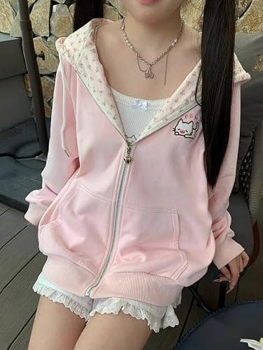 Pokn Y2K Zip Up Hoodie Jojifuku Cutecore Kawaii Hoodie Clothes Women Long Sleeves Tops Graphic Cutecore Shoujo Clothes thumbnail 4