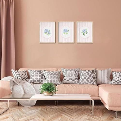 Framed OAK Wood Wall Art Pink And Blue Floral Canvas Artwork | Chinoiserie Flower Pictures Wall Decor Set of 3 Hydrangea Aesthetic Paintings for Bedroom Bathroom Living Room 12x16in thumbnail 3