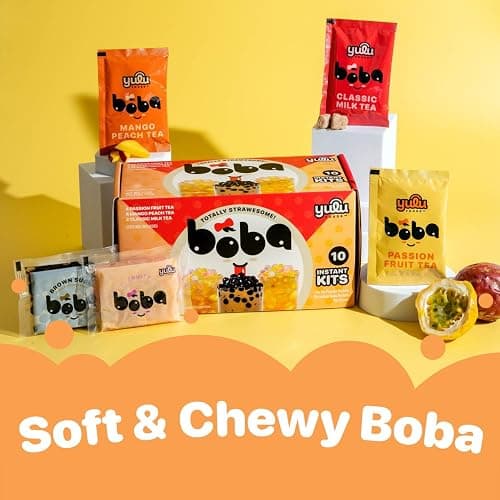 Boba Bundle Kit 10 Serv. Instant Bubble Pearl Variety Milk Tea Kit with Authentic Brown Sugar Tapioca Pearls by Yulu Foods - Ready in Under 1 Minute, Includes Paper Straws - Gift Box, Holiday (Classic, Mango Peach, Passionfruit) thumbnail 3