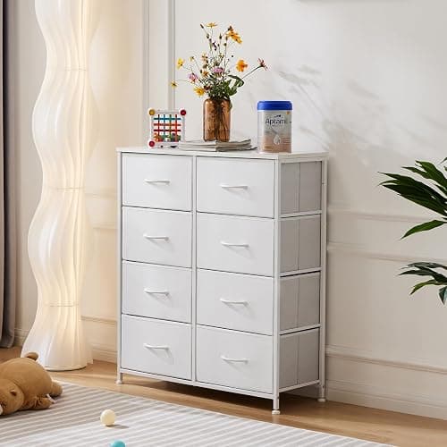 DUMOS Dresser for Bedroom with 8 Fabric Drawers, Tall Chest Organizer Units for Clothing, Closet, Kidsroom, Storage Tower with Cabinet, Metal Frame, Wooden Top, Lightweight Nursery Furniture, White thumbnail 2