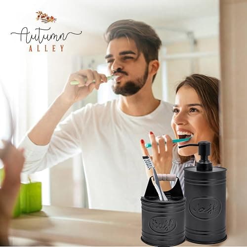 Autumn Alley Rustic Bathroom Accessories Set - Farmhouse Soap Dispenser and Toothbrush Holder Set - Western Bathroom Accessories, Farmhouse Decor for Bathroom Countertop, Galvanized Black thumbnail 2