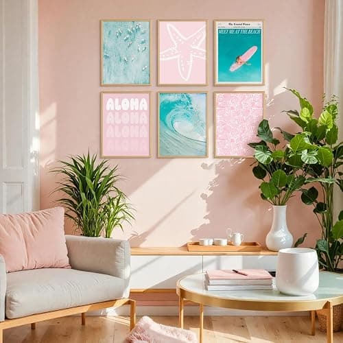 Coastal Wall Art Beach Canvas Poster Summer Surf Wall Decor Pink and Bule Pictures Preppy Aesthetic Prints Ocean Granddaughter Artwork Surfboard Starfish Painting for Girls Bedroom 8x10 Inch Unframed thumbnail 7