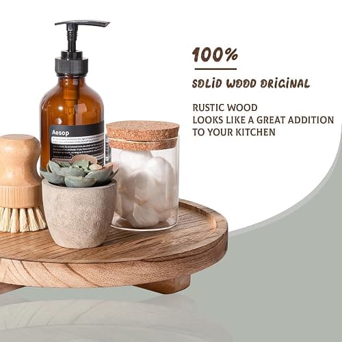 Round Decorative Tray Wood Bathroom Counter Organizer Farmhouse Kitchen Decor Wooden Riser for Soap Dish, Perfume, Candle, Sponge, 10" - Brown thumbnail 4