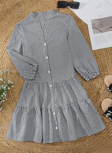 Women's Summer Casual Loose-Fit Button Down 3/4 Sleeve V Neck Cotton and Linen Plaid Loose Flowy Shirt Dress thumbnail 5