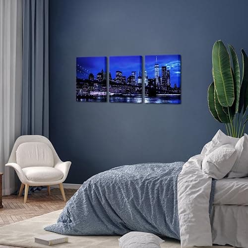 sechars New York City Wall Art Canvas Black and White Blue Brooklyn Bridge Night Skyline Picture Print Modern Cityscape Painting for Home Office Decor (Small) (Blue) thumbnail 4