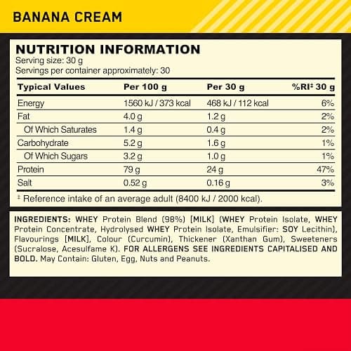 Optimum Nutrition Gold Standard 100% Whey Muscle Building and Recovery Protein Powder With Naturally Occurring Glutamine and BCAA Amino Acids, Banana Cream Flavour, 30 Servings, 900 g thumbnail 7
