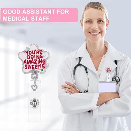 Cute and Funny Nurse Badge Reel – Pink Retractable ID Holder with Motivational Quote You're Doing Amazing Sweetie, Nursing Accessories for Women and Healthcare Workers thumbnail 4