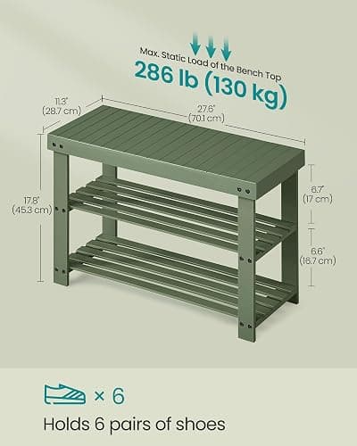 SONGMICS Shoe Rack Bench, 3-Tier Bamboo Shoe Storage Organizer, Entryway Bench, Holds Up to 286 lb, 11.3 x 27.6 x 17.8 Inches, for Entryway Bathroom Bedroom, Forest Green ULBS004C01 - 27.6"W - Forest Green thumbnail 2