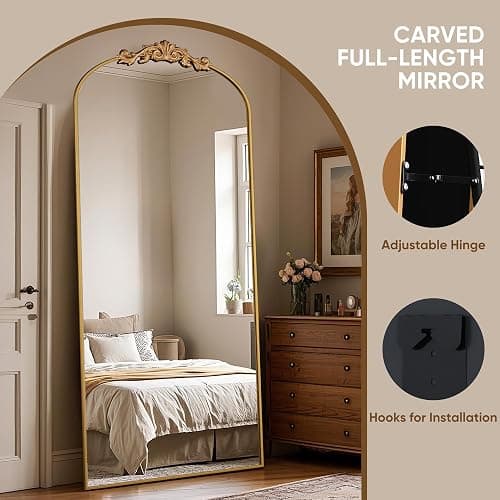 Antok Arched Full Length Mirror, 71"x32" Floor Mirror with Carved, Full Body Mirrors for HomeDecor, Standing/Halling Large Wall Mirror for Bedroom, Living Room, Cloakroom, Gold, Retro Style thumbnail 5
