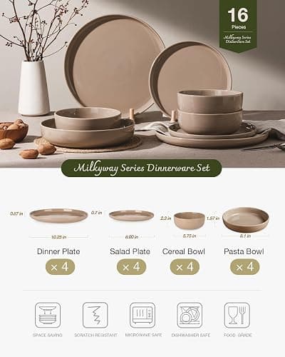 Famiware Milkyway 16-Piece Stoneware Plates and Bowls, Cinnamon Brown | Dinnerware Set with Pasta Bowls for 4, Dishes Set for Everyday/Formal Use, Microwave/Dishwasher Safe, Chip/Scratch Resistant thumbnail 3