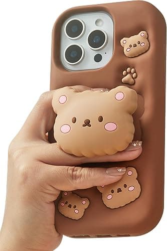 TUFTA Kawaii 3D Teddy Bear Phone Case for iPhone 15 (with Retractable Phone Stand & Grip) Cute Girly Cartoon Soft Silicone Phone Cover for Girls, Kids, Teens, and Women, Brown - Image 1