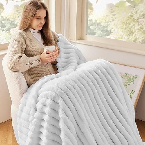 NEWCOSPLAY Super Soft Twin Blanket White Premium Silky Flannel Fleece 3D Ribbed Jacquard Lightweight Bed Blanket All Season Use (White Ribbed, Twin(60"x80")) - White Ribbed - Twin(60"x80") thumbnail 3
