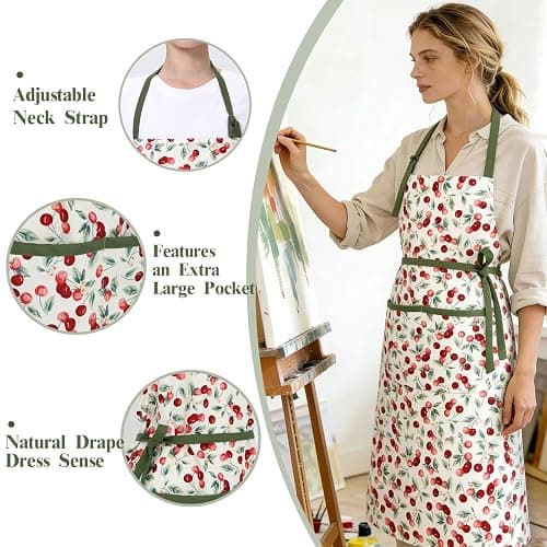 BOUND DUO Women's Cherry Floral Print Vintage Kitchen Cooking Apron | Adjustable Tie Straps & Big Storage Pockets, Cute Gardening Pinafore, Nice Gift for Baking & Tea Lovers(Cherry red) thumbnail 4