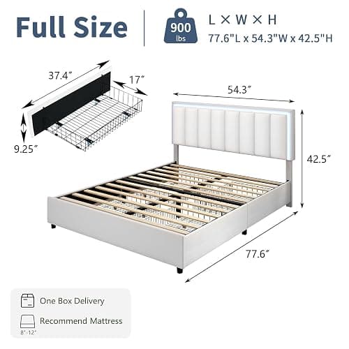 IMMERSTABLE Full Bed Frame with 4 Drawers, Full Size Bed Frame with LED Lights, Upholstered Bed Frame Full Size with Headboard, No Box Spring Needed, Noise-Free, Easy Assembly, White - White - Full thumbnail 2