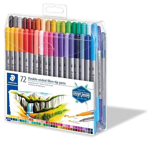 Staedtler Feutres à double pointe pour écriture et coloriage, Pointe fine de 0.5-0.8 mm et pointe compacte extra-large de 3 mm, Étui plastique avec 72 couleurs lumineuses différentes, 3200 TB72 - Image 1