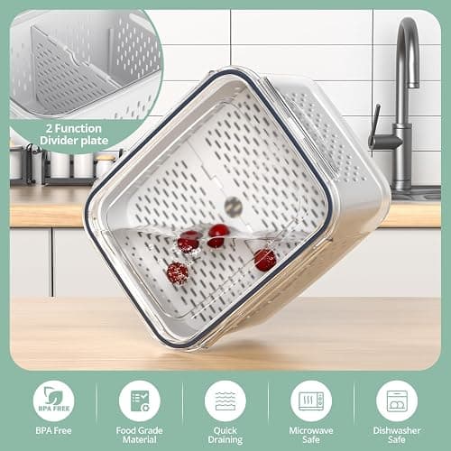 Fruit Storage Containers for Fridge with Removable Colander, 8 Pack Fruit Containers for Fridge with 2 Function Divider Plate, Airtight Storage Container to Keep Berry Fruit Fresh, Dishwasher Safe thumbnail 3