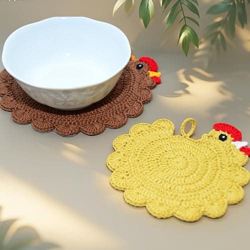 Handmade Crochet Chicken Trivets Set of 2, Chicken-Gifts, Valentine Gifts, Pot Holders, Heat Resistant Farmhouse Kitchen Home Decor, Cooking, Baking, Cute Desk Accessories, Tabletop Protection thumbnail 9