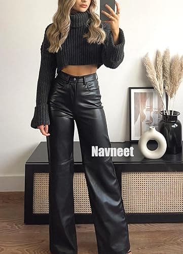 Navneet Women Faux Leather Pants PU High Waist Straight Leg Pant with Pockets Leather Leggings Bell Bottom Flare Pants thumbnail 5