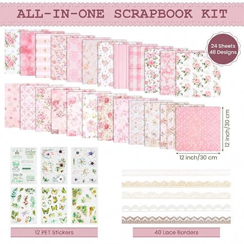 24 Sheets Pink Scrapbook Paper 12''x12'' Double-Sided Floral | Cardstock Lace Borders, Flower Stickers, Decorative Decoupage Paper Bundle for Journal, DIY Card Making Crafts thumbnail 4