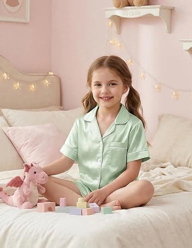 Arshiner Girls Pajamas Silk Satin Pajama Sleepwear Button Down Kids Pj Set | Soft Comfortable Silky Fabric, 2-Piece Pjs, Cute Pajamas for Little & Big Girls, Ideal for Lounging and Sleeping thumbnail 6
