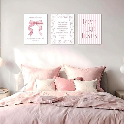 Coquette Pink Bow Wall Art Set of 3, Light Pink Christian Wall Decor Pictures, Jesus Verses Bible Canvas Posters Paintings Preppy Prints for Teen Girls Dorm 12 Year Old Girl Room 12x16 Inch Framed thumbnail 9
